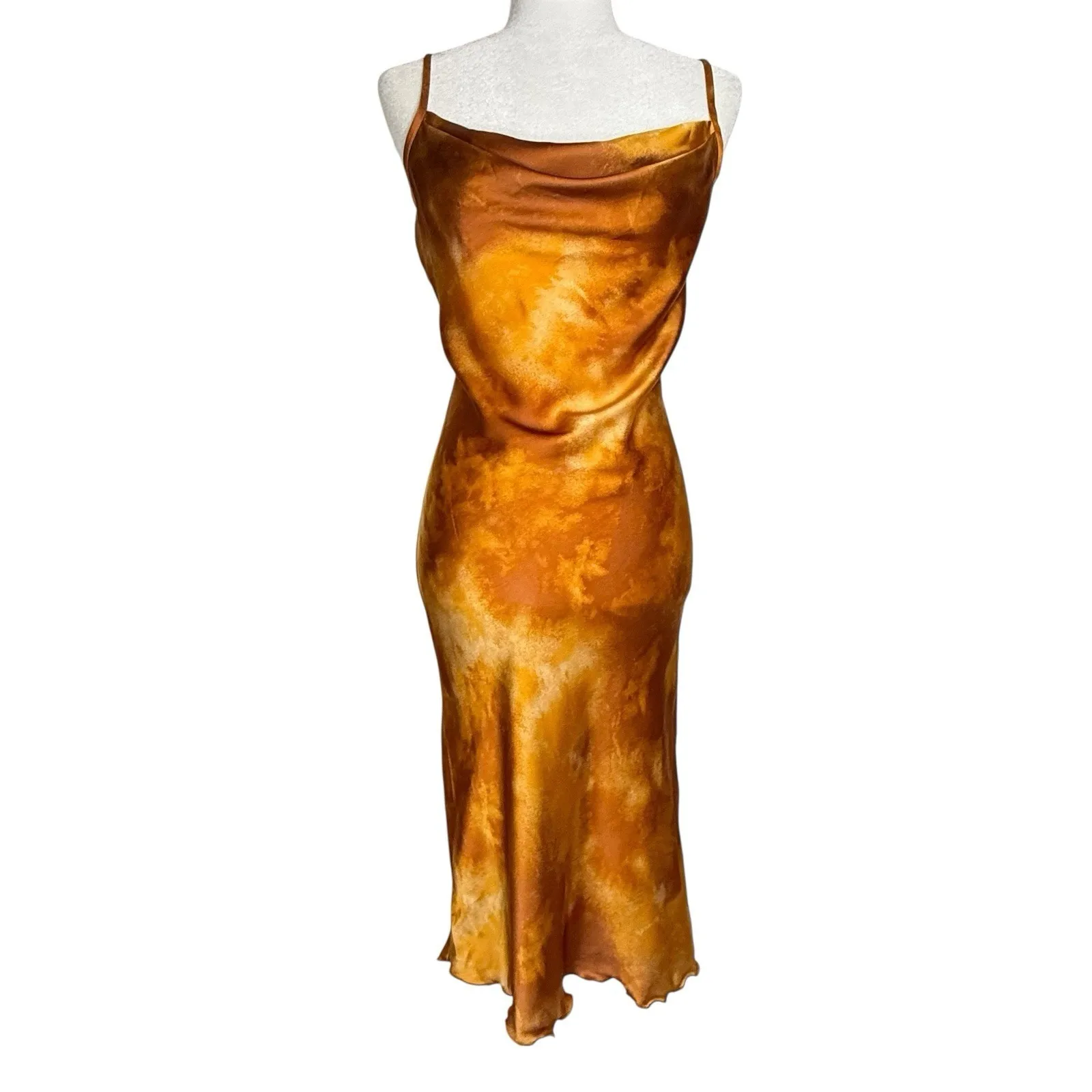 Vintage Bebe Y2K Slip Dress‎ XS Orange Sunset Cowl Neck Satin Midi Made in USA - Image 4