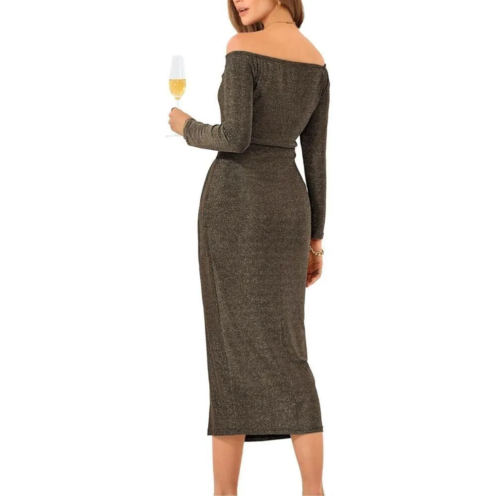 NEW Off Shoulder Bodycon Long Sleeve Ruched Slit Glitter Cocktail Dress XL Gold - Image 4