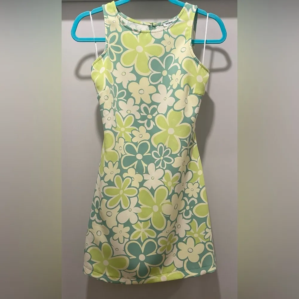 Retro 60s Mod Neon Green Floral Print Mini Dress - XS - Image 3