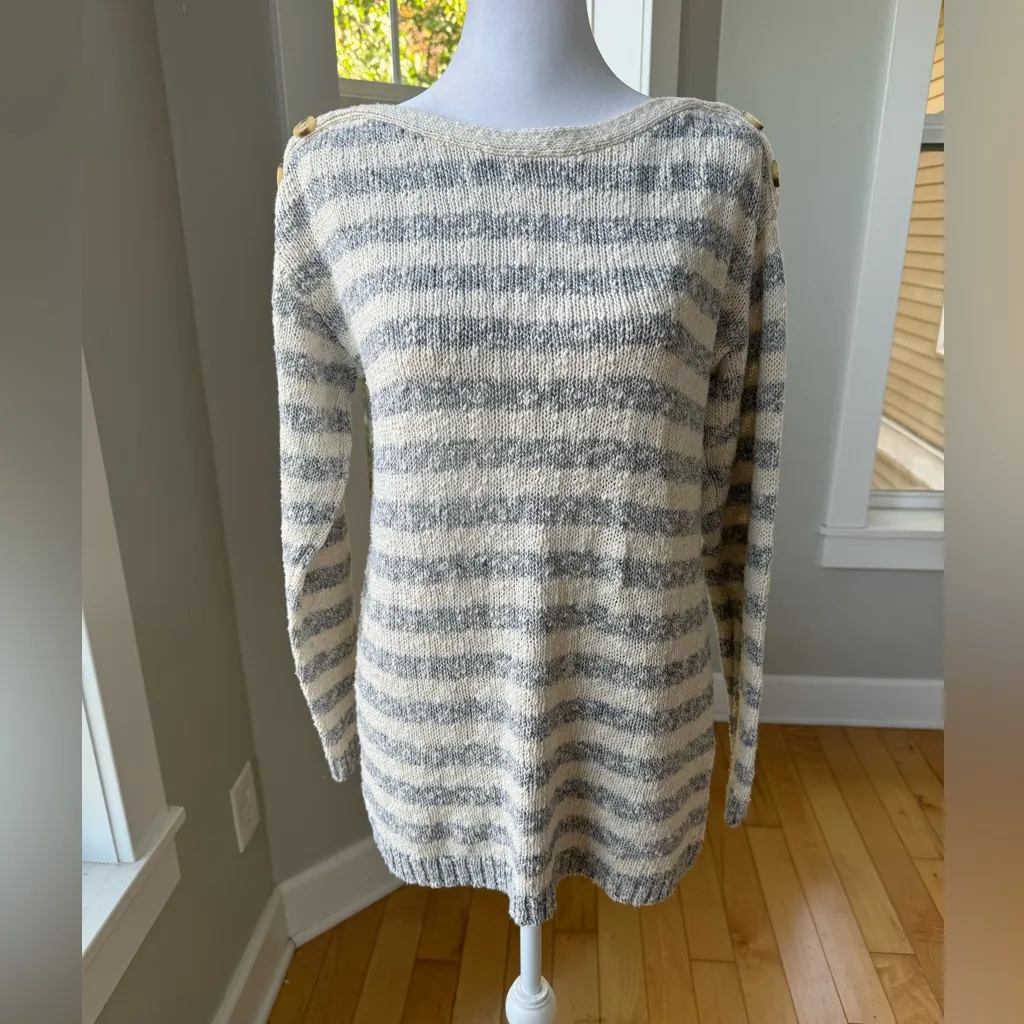 Market & Spruce Blue Ivory Striped Cotton Linen Button Shoulder Boatneck Sweater - Image 2
