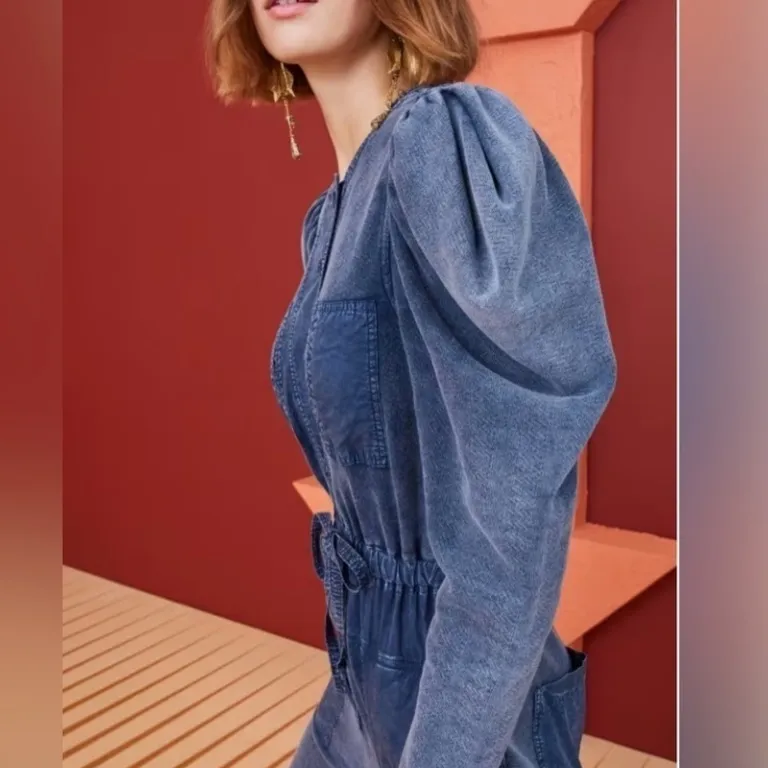 Ulla Johnson Sadie Jumpsuit medium blue puff shoulder long sleeve pockets - Image 4