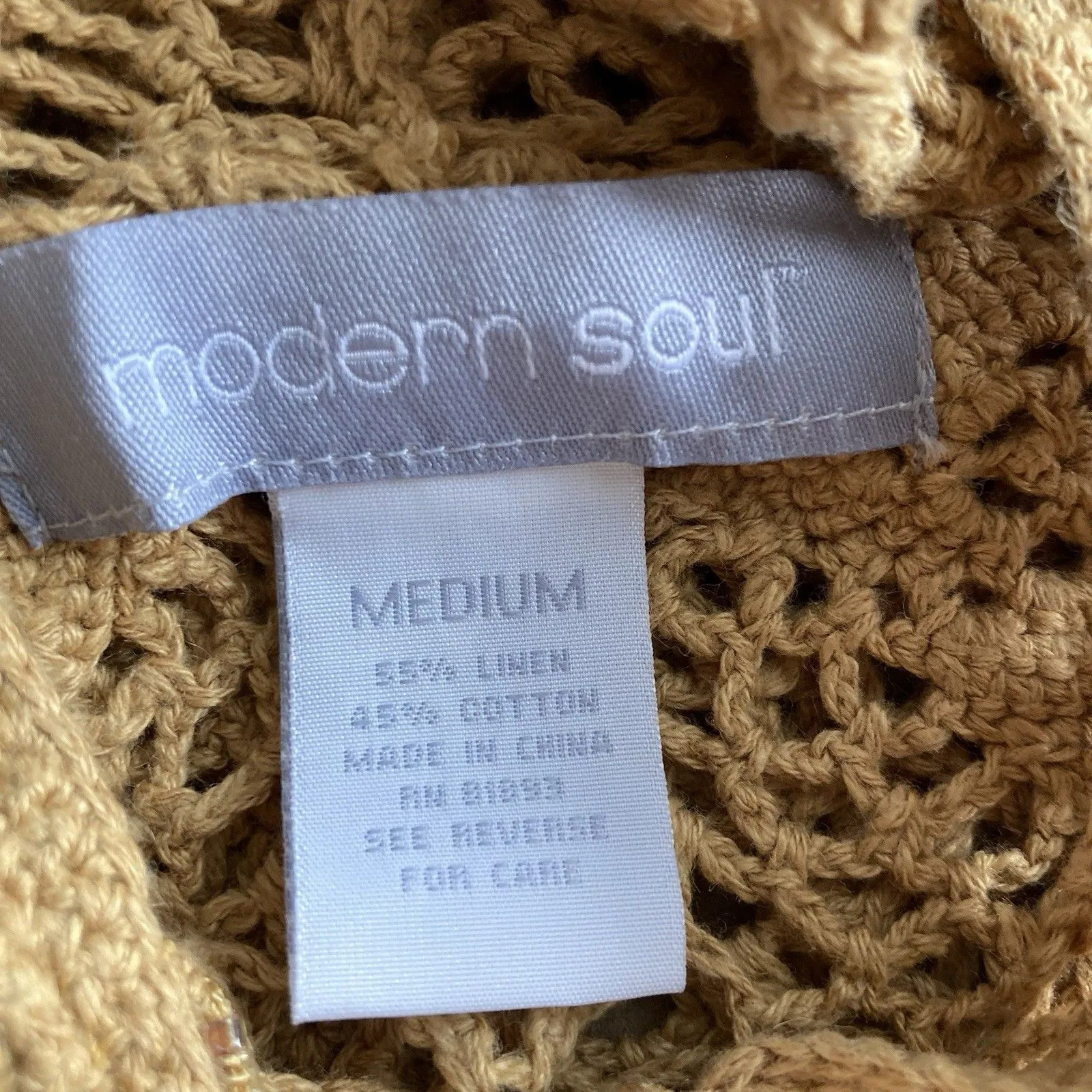 Crochet Open Knit Cardigan M Linen Hooded Zip Front Gold Tan Cottagecore Boho Size M - Image 9