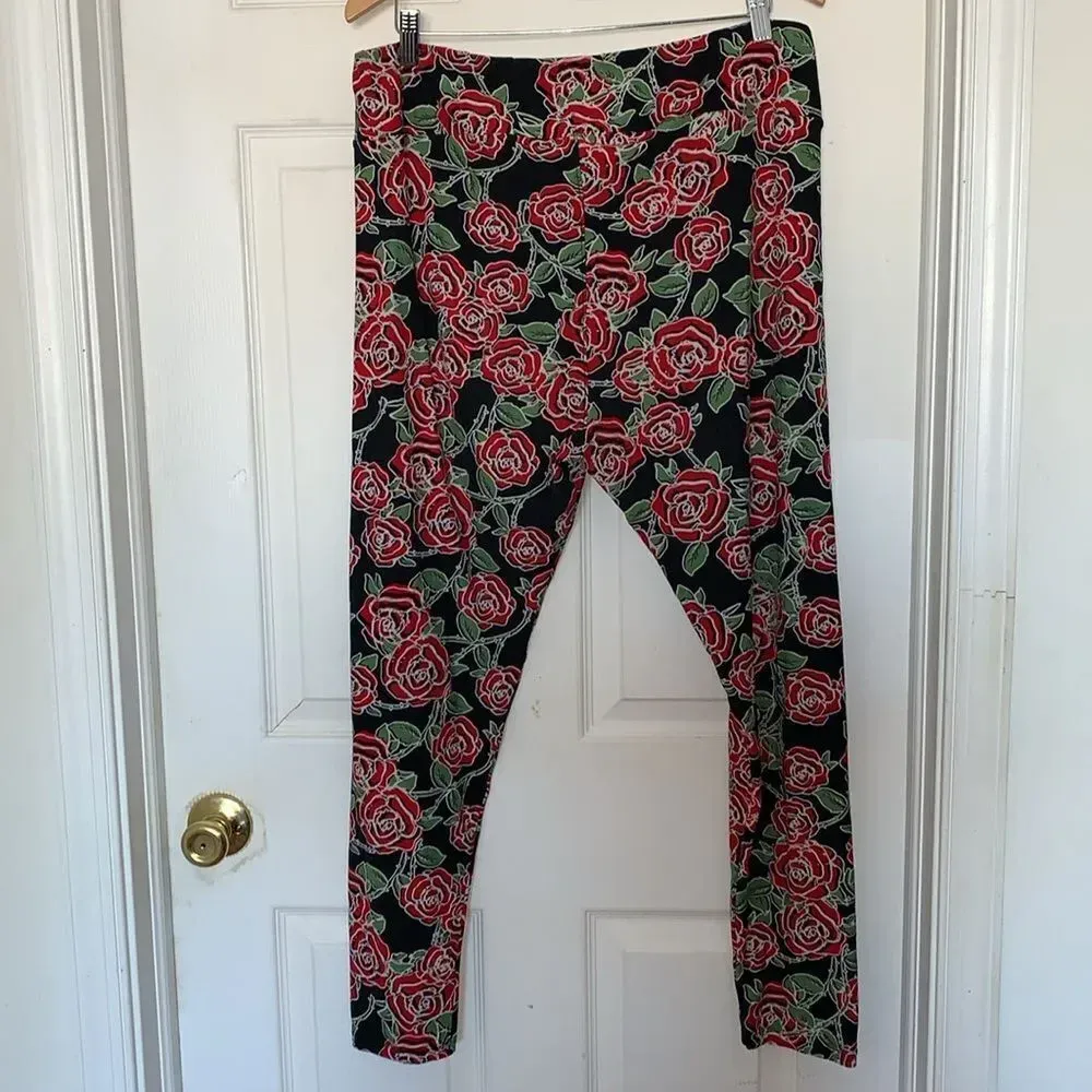 LulaRoe Disney Black Red Rose Print Leggings - Image 2