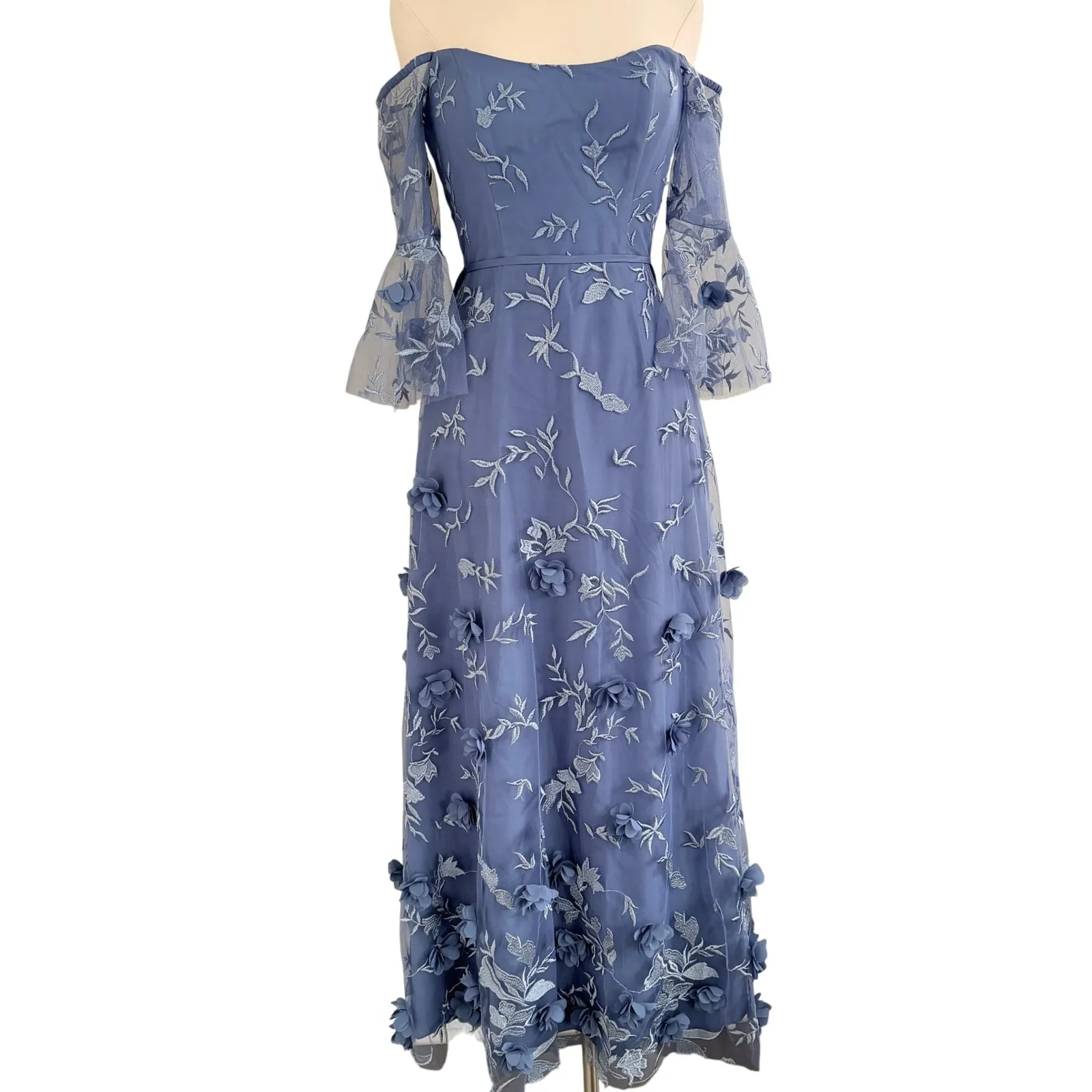 Marchesa Notte Dusty Blue Floral Bridesmaid‎ Gown Tulle Off Shoulder Size 2 - Image 2