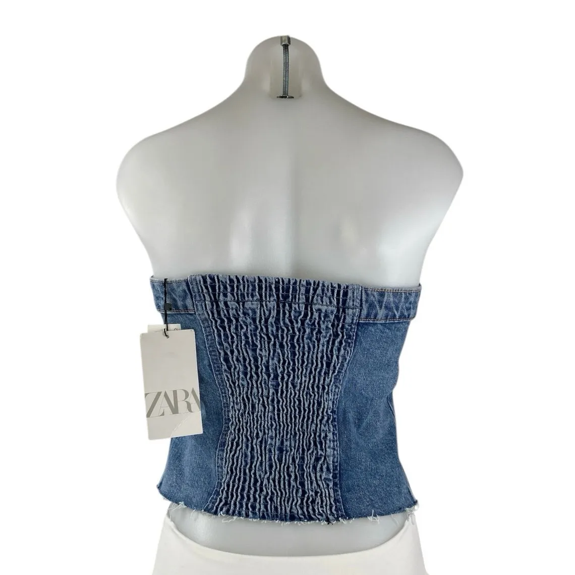 NEW Zara Women's Blue Strapless Bandeau Tube Button Up Denim Jean Top Size XL - Image 2