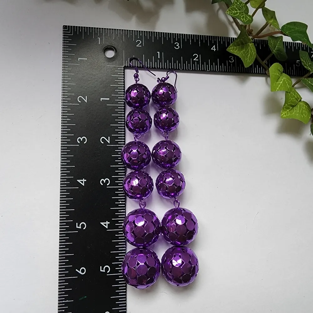 Statement Purple Metal Mesh Ball Long Dangle Earrings - Image 3