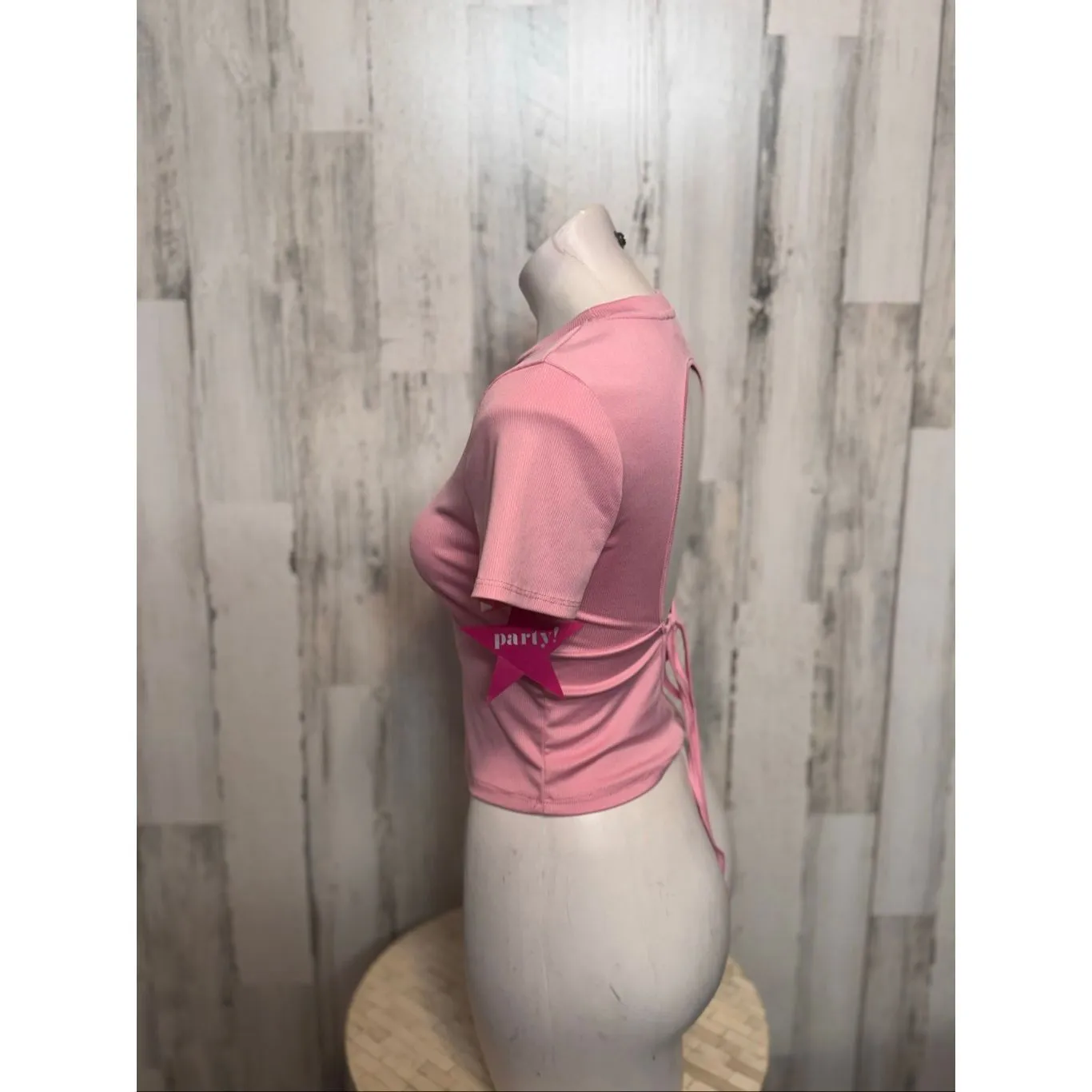 Love J Pink Ribbed Open Back Tie Crop Top – Size M - Image 3
