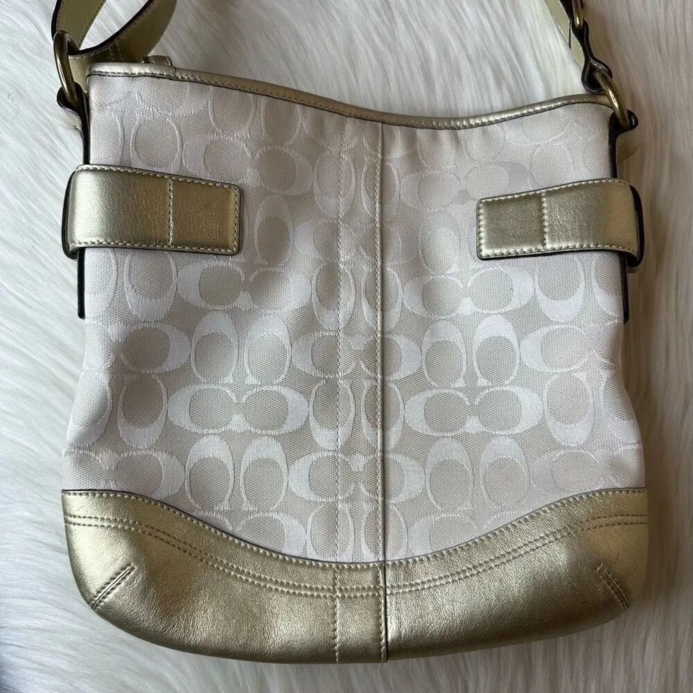 Coach Signature Hobo Shoulder Bag Cream/Off-White w/Gold Leather Trim/Accents - Image 11