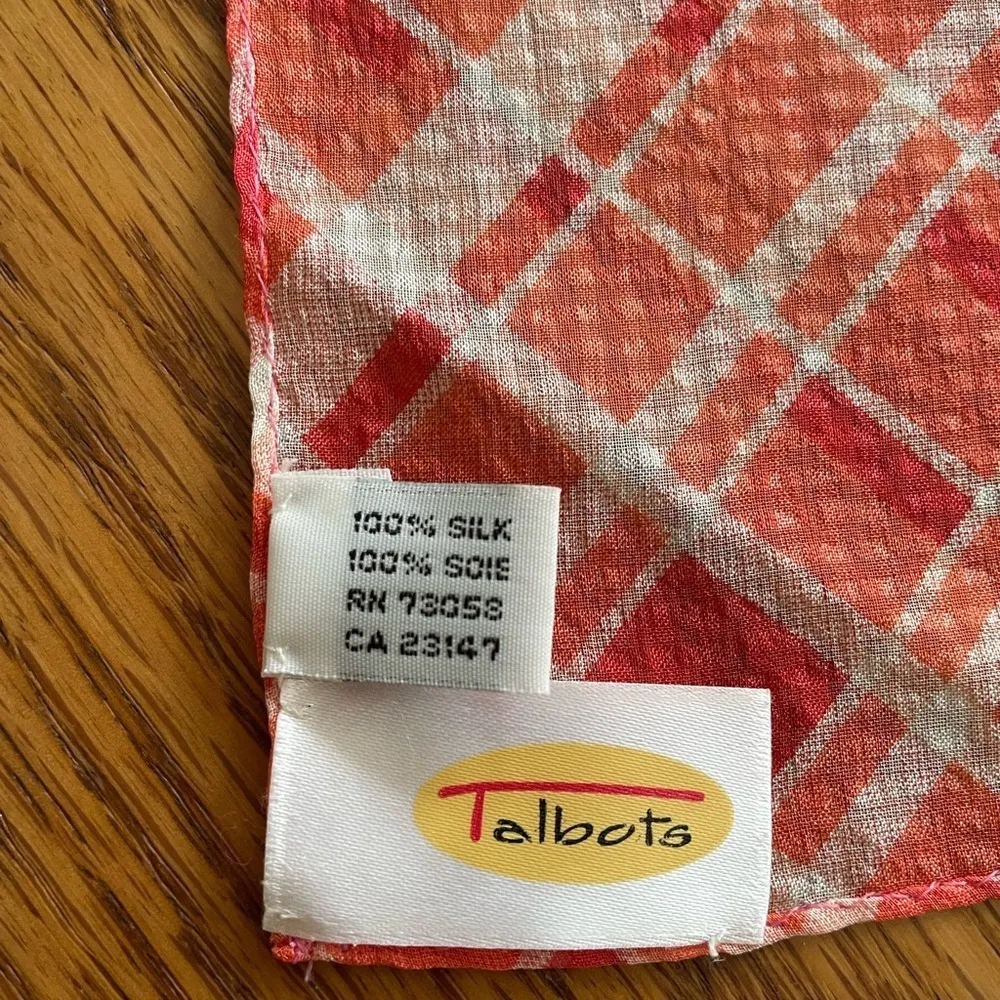 Vintage Talbots Coral Plaid 100% Silk Square Spring Summer Scarf - Image 5