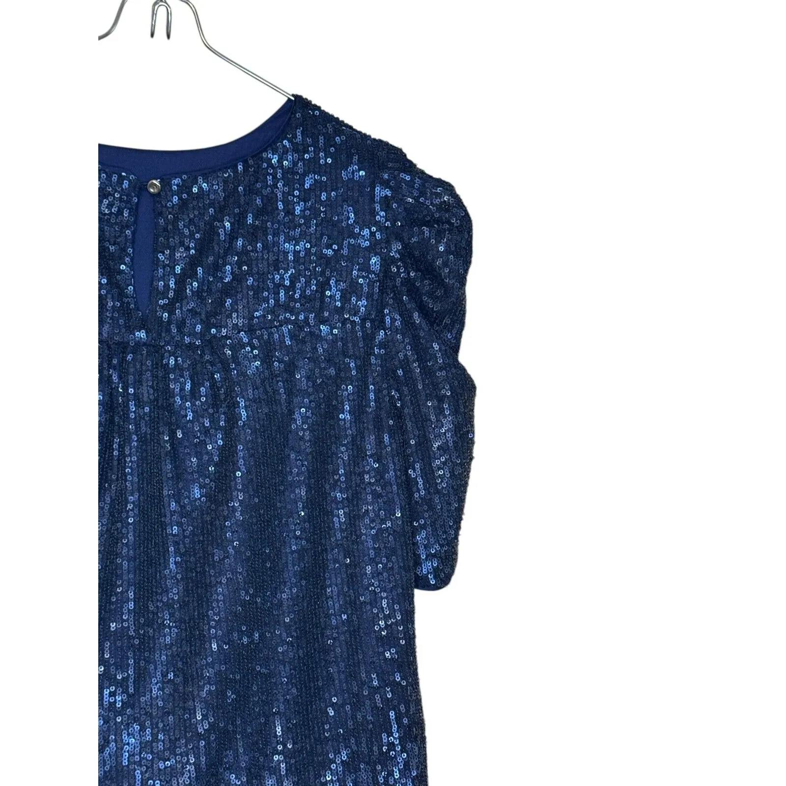 Anthropologie Women's Top Semi-Sheer Lined‎ Sequin Ruched Puff Sleeve Blue Sz.2 - Image 9