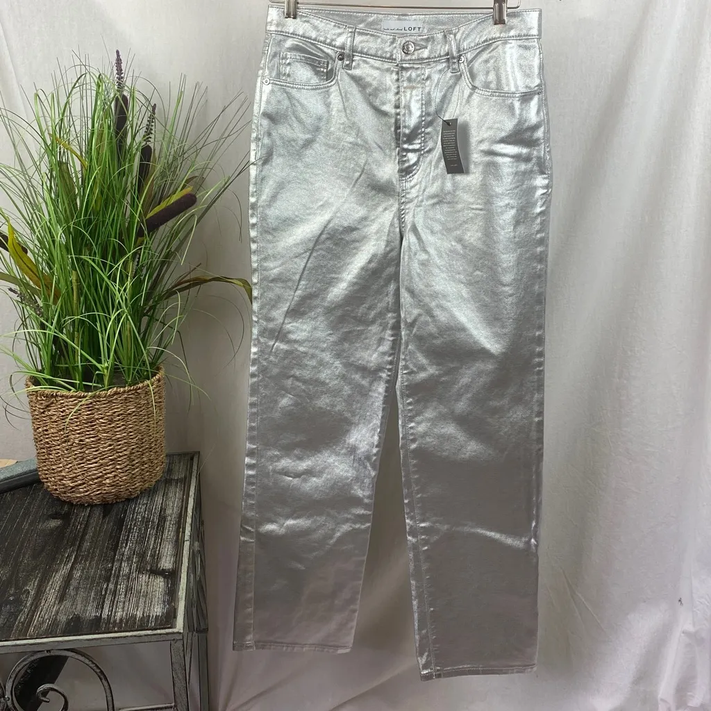 Ann Taylor Loft Silver Coated High Rise Straight Leg Jeans NEW 28 6 - Image 2