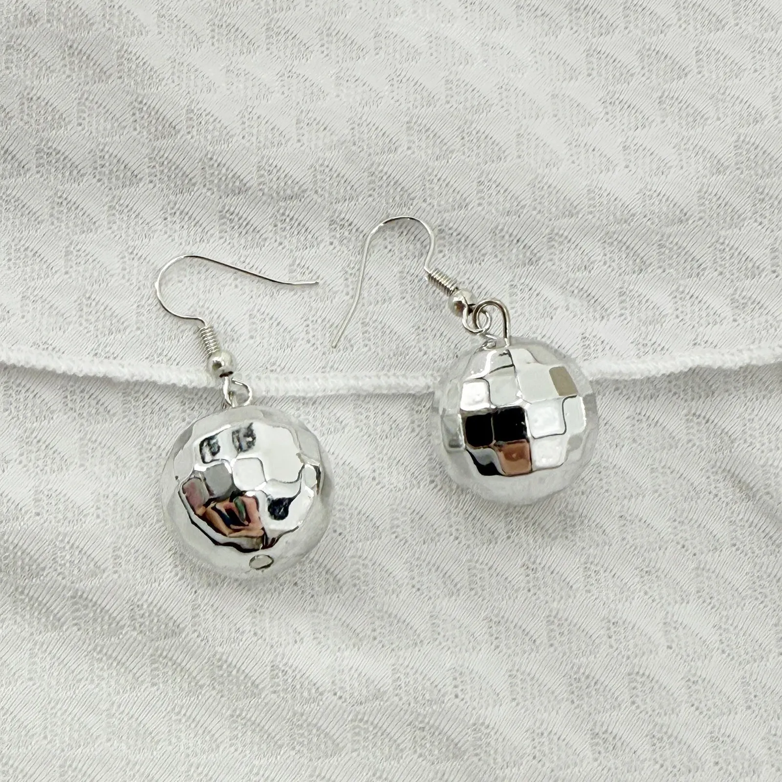 Mirrorball Disco Ball Unique Novelty Dangle Earrings Silver - Image 2