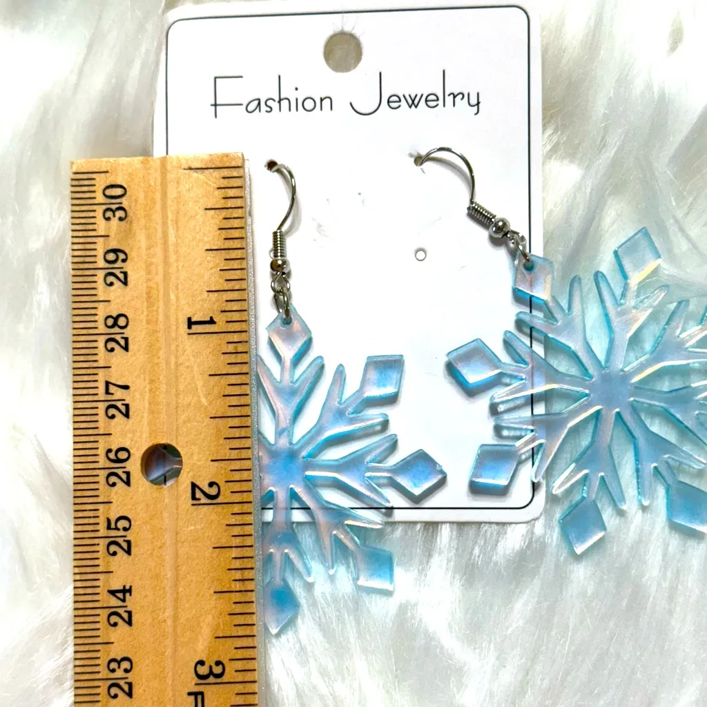 Blue Snowflake Earrings Large Statement Iridescent New - Image 3