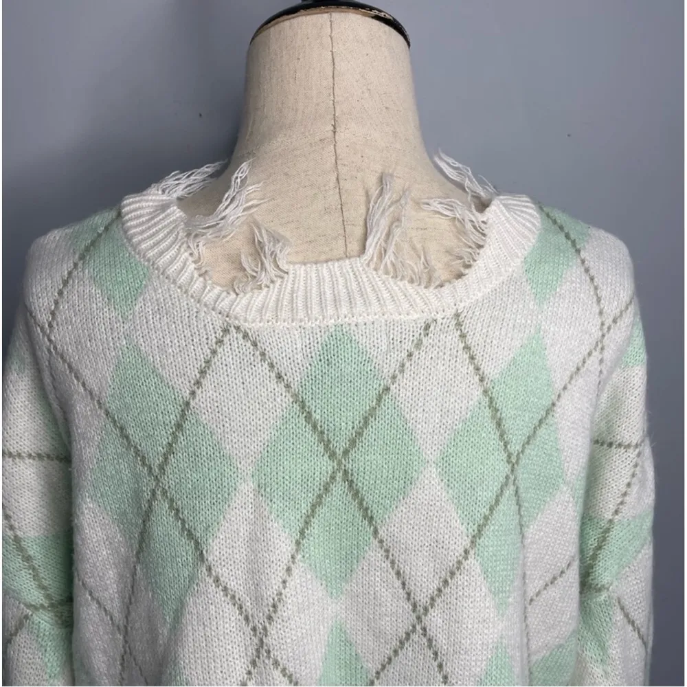 Just Polly Distressed Argyle V-Neck Sweater Oversized Medium - Image 5