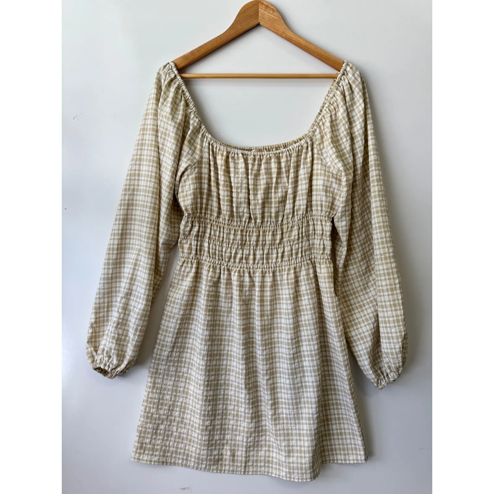 WAYF Gingham Mini Dress Long Sleeve Square Neck Smocked Waist M Tan Size M - Image 2