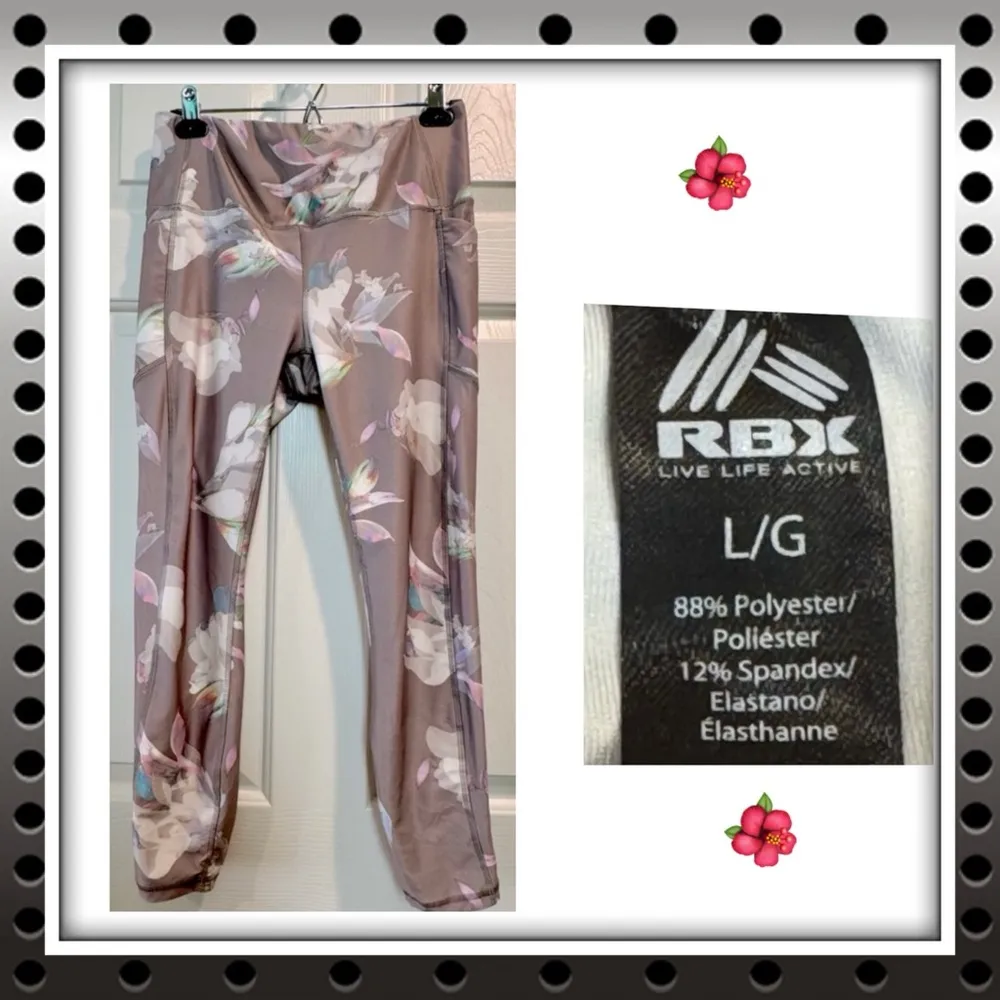 Women’s RBX leggings - beige w/ floral design - thigh pockets - size Large - Image 4