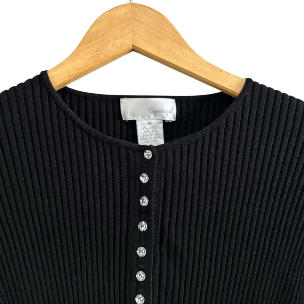 Y2K Womens Retro‎ Spiegel Silk Blend Ribbed Stretchy Henley Top Shirt Rhinestone - Image 2