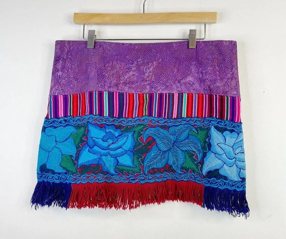 Handmade Baja Tapestry Embroidered Floral Fringe Guatemalan Artsy Festival Skirt Multiple Size L - Image 8