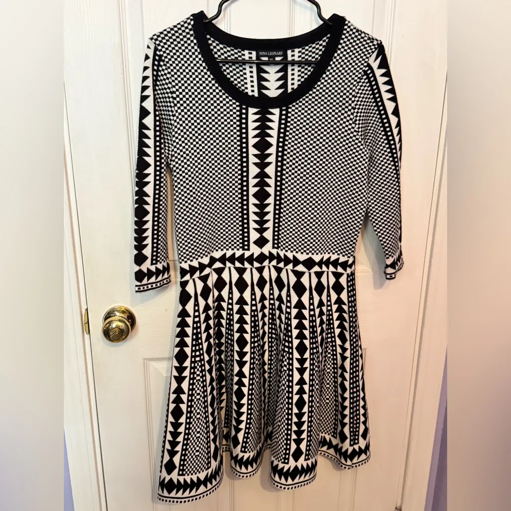 Nina Leonard Diamond Plaid women’s Dress Size XL Black & White – 3/4 Sleeve - Image 4