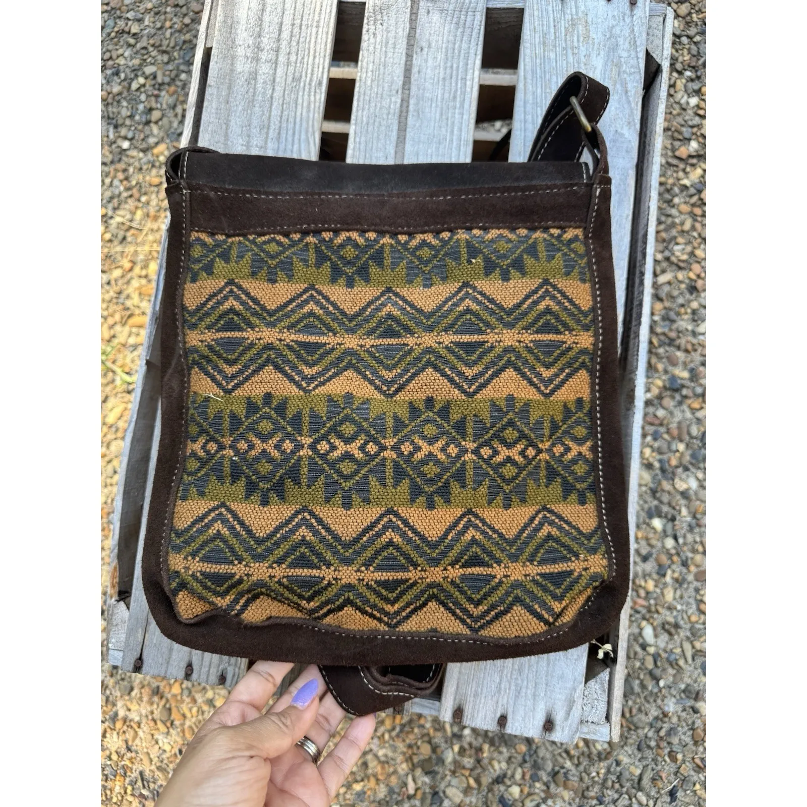Handmade Malqui Equador Woven Wool Brown Suede Leather Crossbody Shoulder Bag - Image 3
