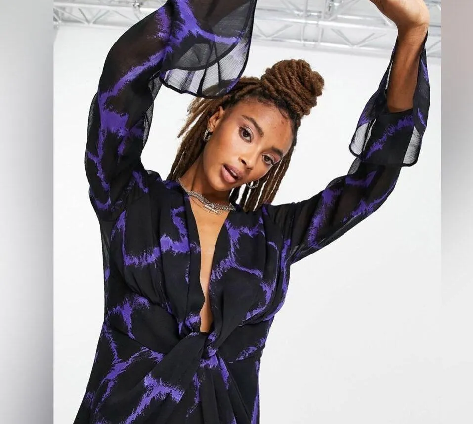 NEW Topshop Woven Knot Front Plunge Midi Dress Sheer Black Purple US 6 - Image 7