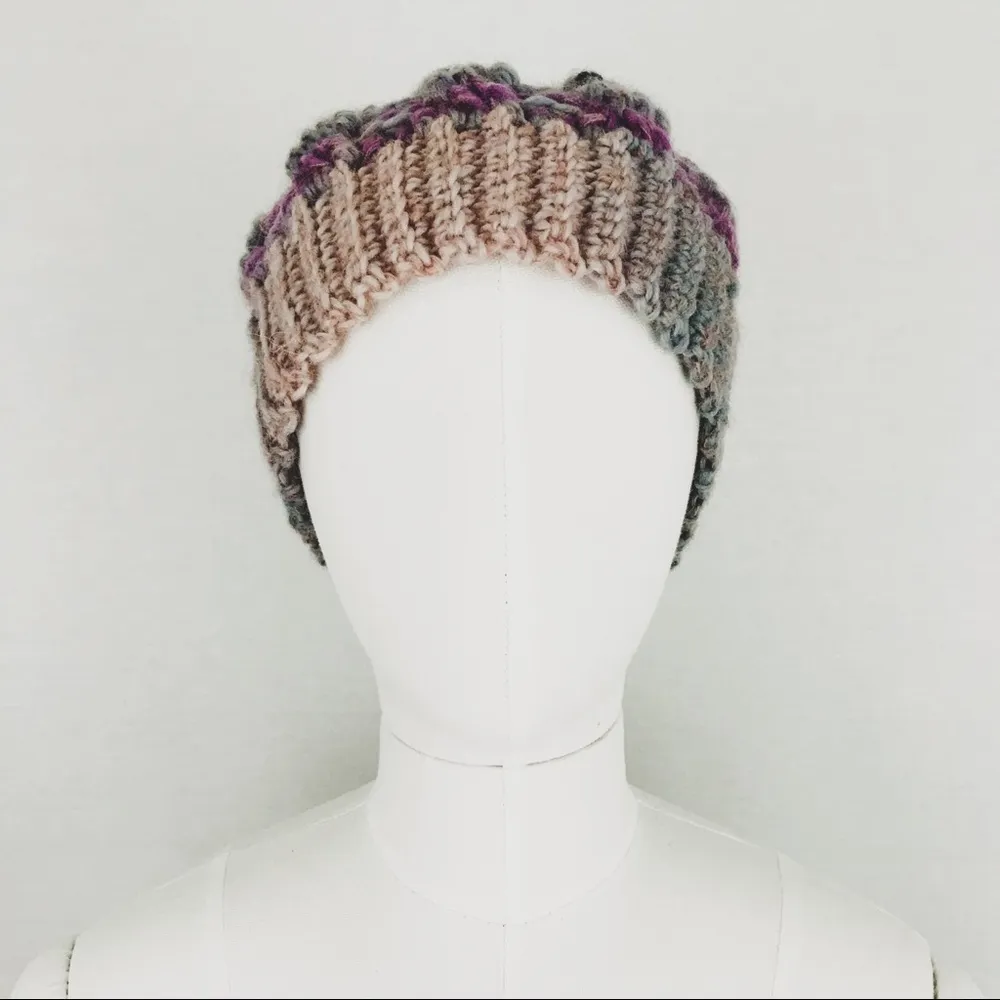 NEW Handmade Crocheted Cable Variegated Beanie in Purple and Gray - Image 2