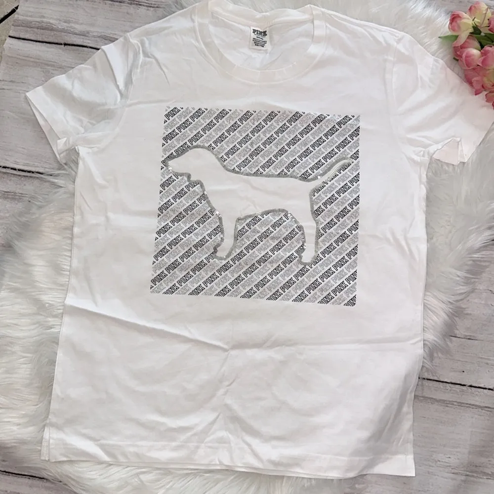 Pink By Victoria’s Secret Sparkle Signature Dog Crew Neck Tees Size Medium - Image 5