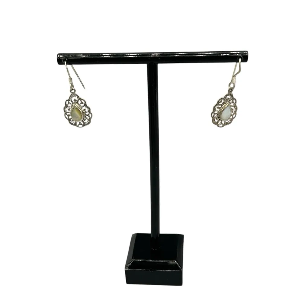 Vintage Silver Tone Teardrop Dangle Earrings Filigree Mother of Pearl Look - Image 7