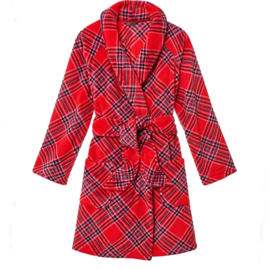 Victoria’s Secret Short Cozy Robe Color‎ Red Lipstick Plaid Plush Size XS/S - Image 5