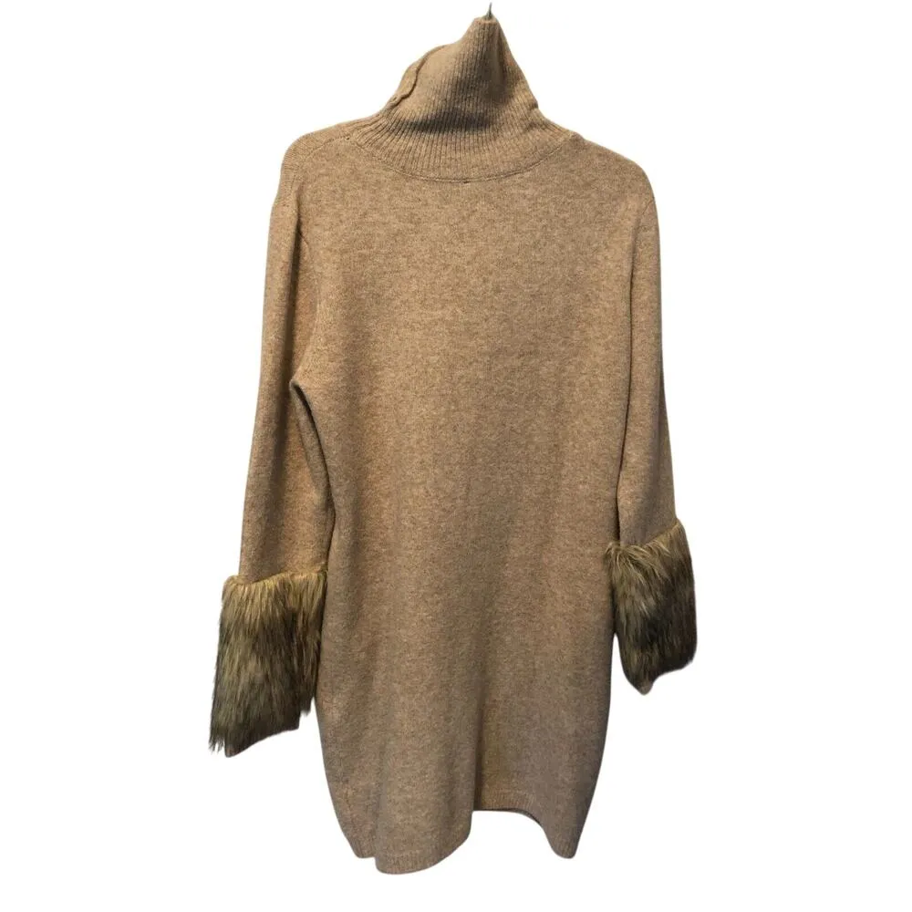 Boston Proper Tan Knit Pullover Turtleneck Dress with faux fur sleeve ends Sz L - Image 3