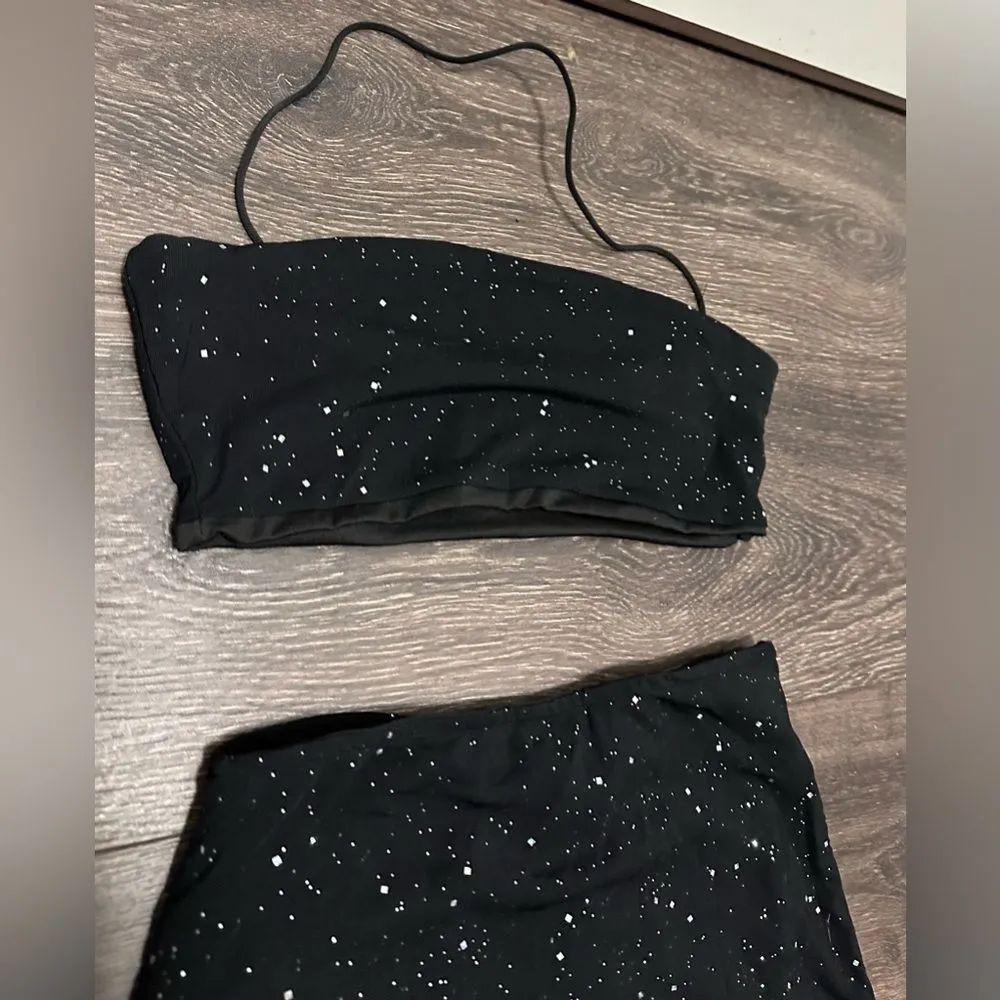 Spaghetti Strap Crop Top Maxi Skirt Glitter Bodycon Dress 2 Piece (44) Black - Image 3