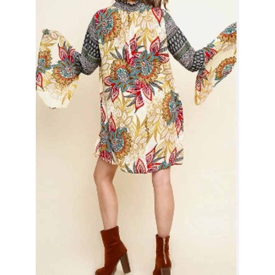 Boho Tunic‎ Dress Floral Paisley Print Long Sleeve Keyhole Neck Flowy - Image 11