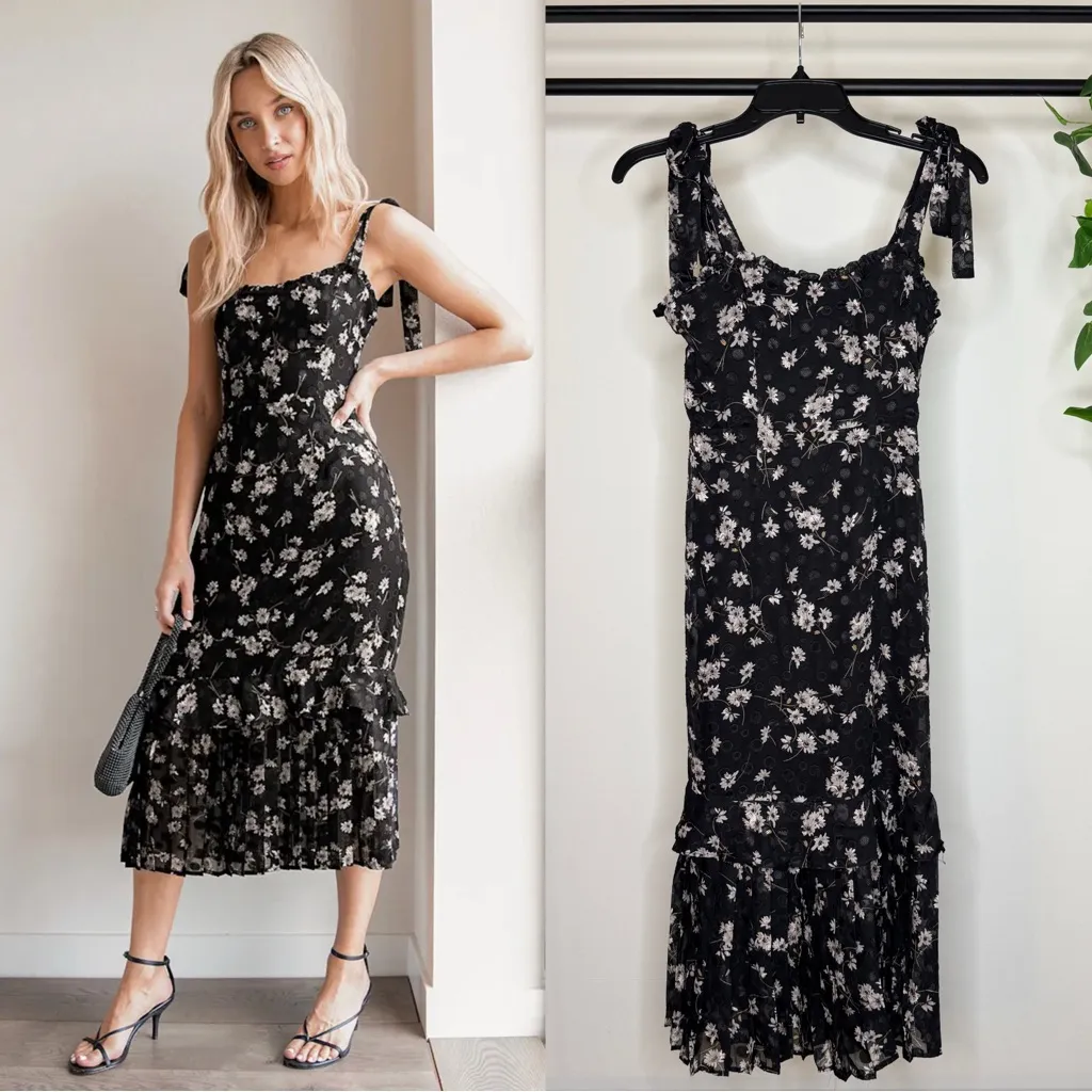 NWT Lulus Terrace Views Black Floral Print Tiered Midi Dress size XS NEW - Image 2