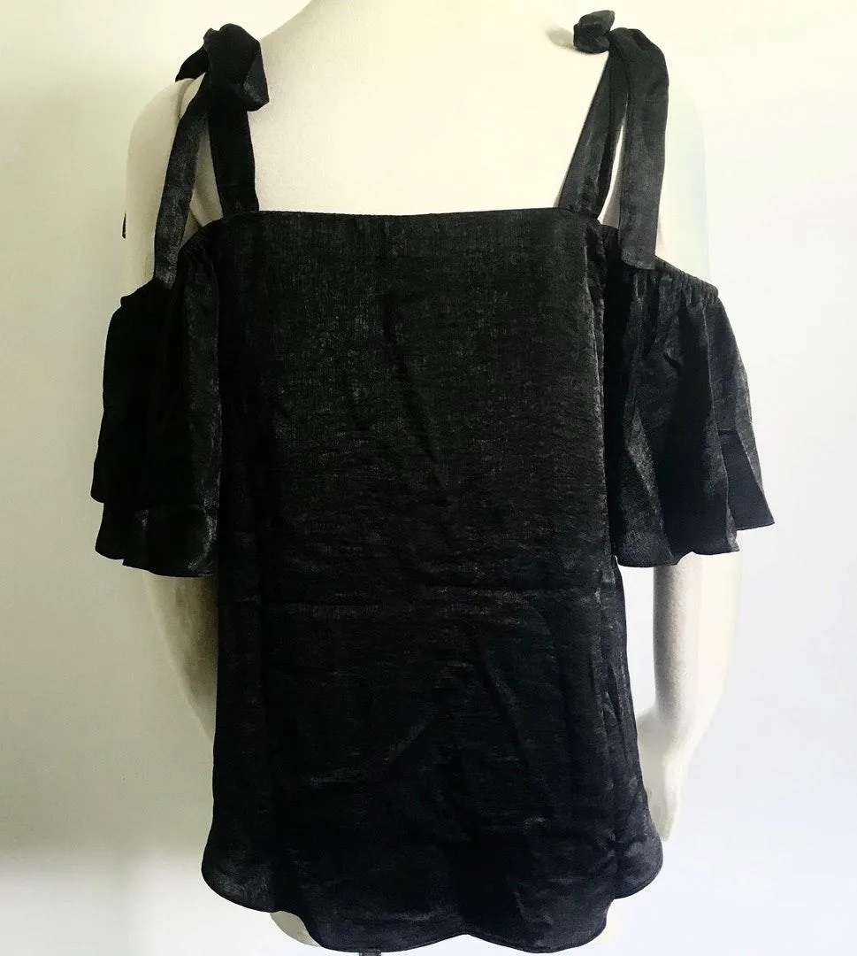 Satin Bow Shoulder Tie Off Shoulder Top Black Size M - Image 3