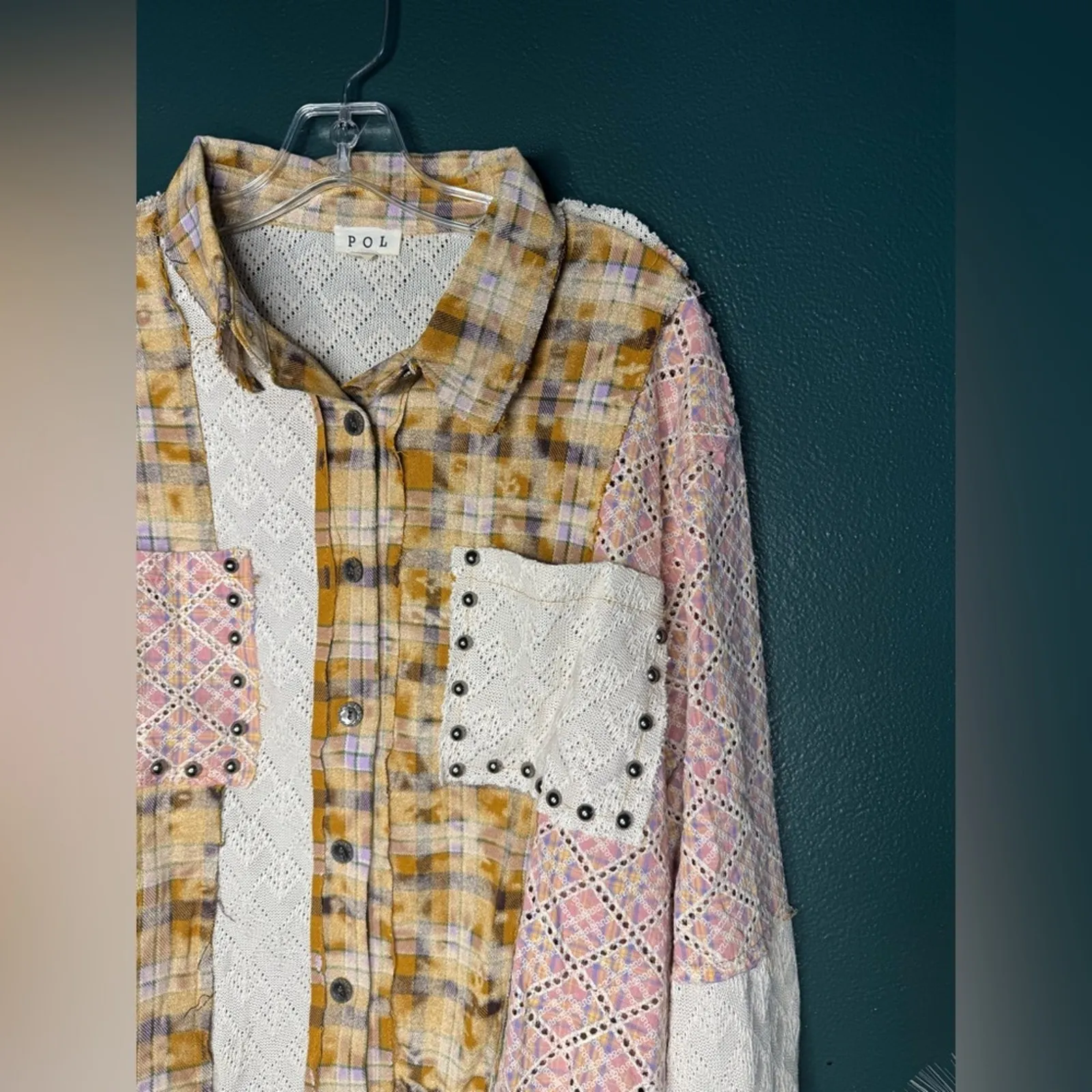 New Pol Boho Patchwork Plaid Multi Color Long Sleeve Oversized Jacket - Image 5