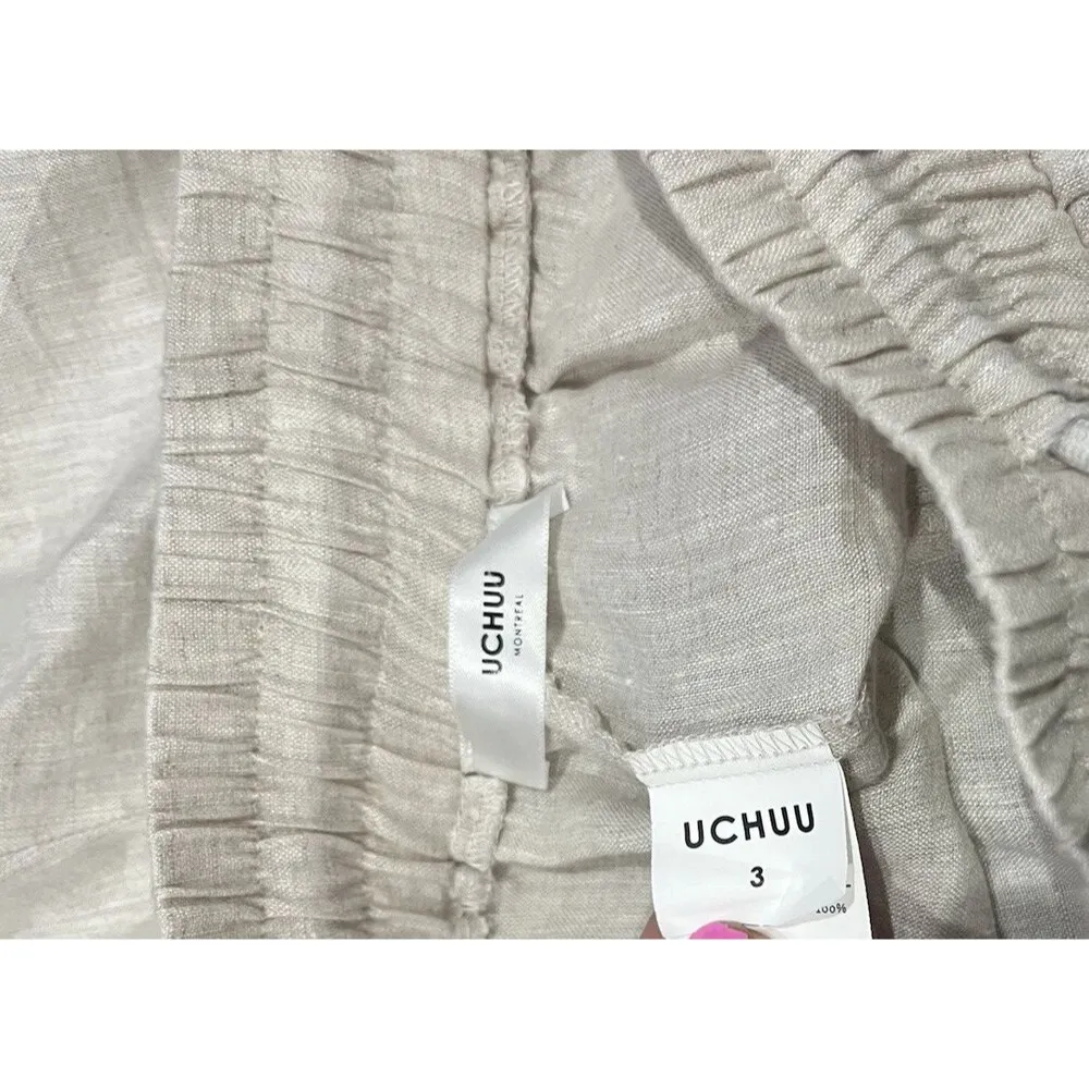 UCHUU Women's High Rise Wide Leg Drawstring Linen Pants Cropped Khaki SZ M Size M - Image 6