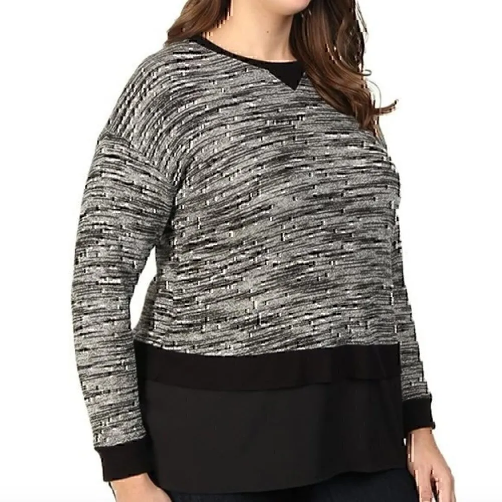 CALVIN KLEIN Black White Marled / Black Twofer Crewneck Pullover Sweater Medium - Image 3