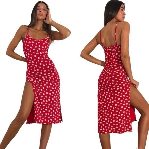 PrettyLittleThing Red Floral Print Jersey Split Cami Midi Dress Sz 6 - Image 2