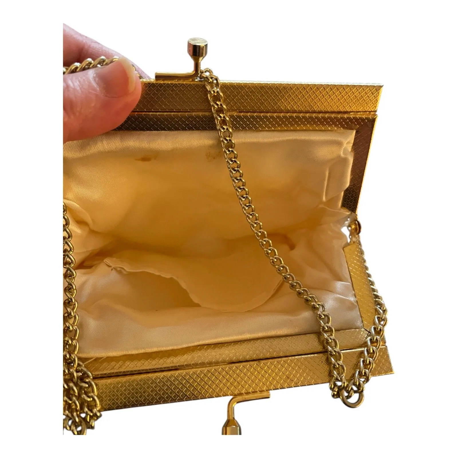 Vintage ivory sequined beaded evening bag gold kisslock chain strap glam retro - Image 3