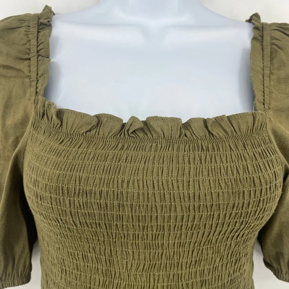 Sugarlips Milkmaid Peplum Womens Top Sz XS Olive Smocked Cottagecore Puff Sleeve - Image 3