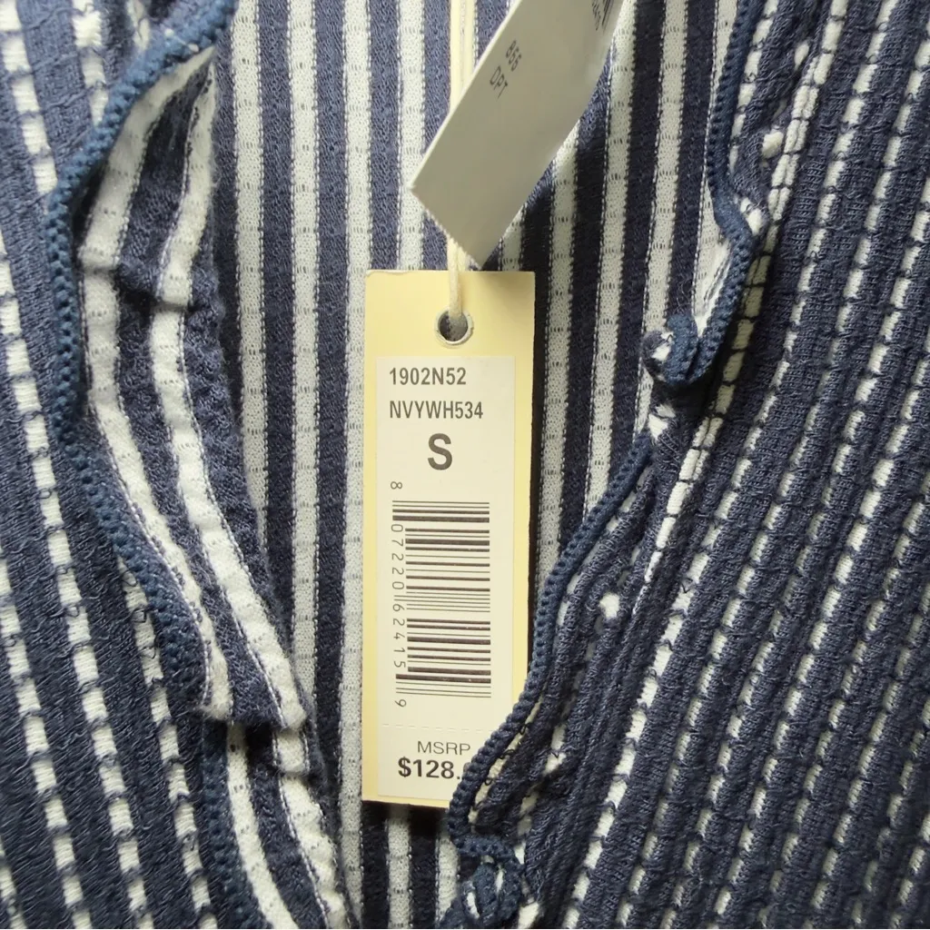 Max Studio Small Navy White V Neck Jersey Smocked Waist Tiered Stripe Dress NWT - Image 8