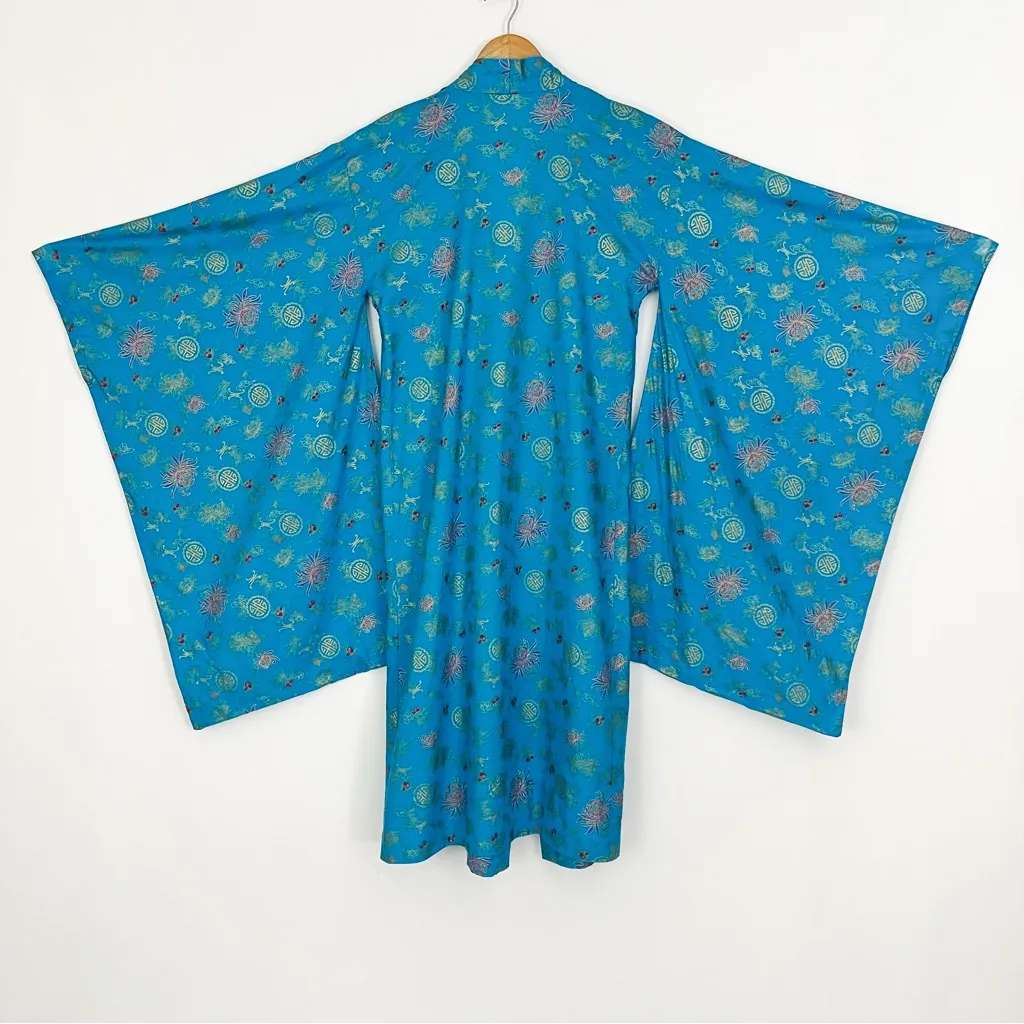 Vintage Patterned Kimono Robe in Aqua Blue | Size S/M - Image 9