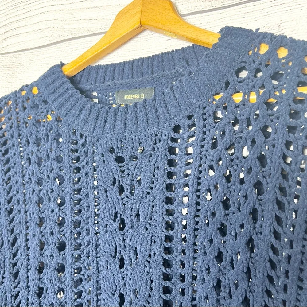 Forever 21 Navy Blue Chunky Open Knit Drop Shoulder Sweater Size Large - Image 6