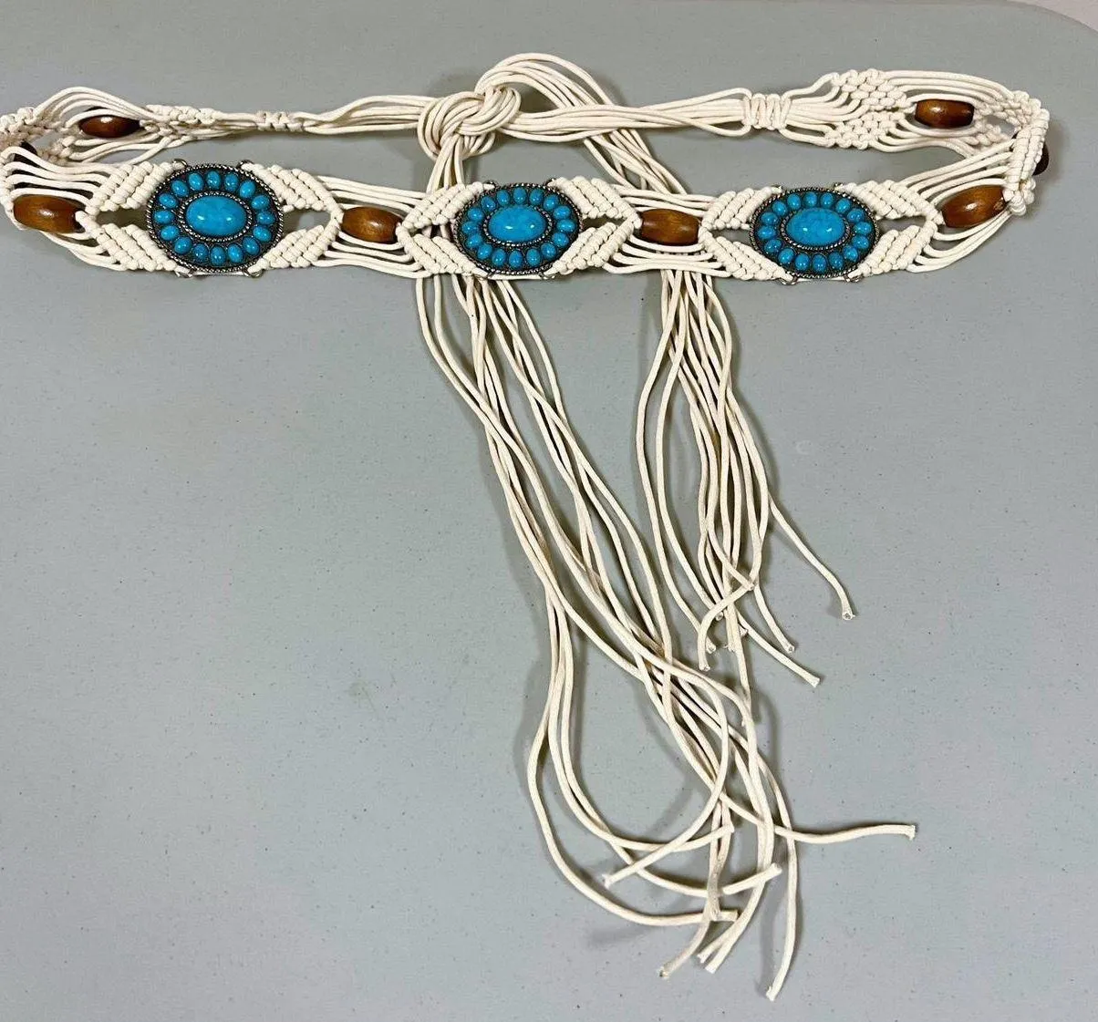 Beige Turquoise Stone Beaded Medallion Woven Weaved String Sash Waist Belt O/S 🩵🤎 Tan - Image 2