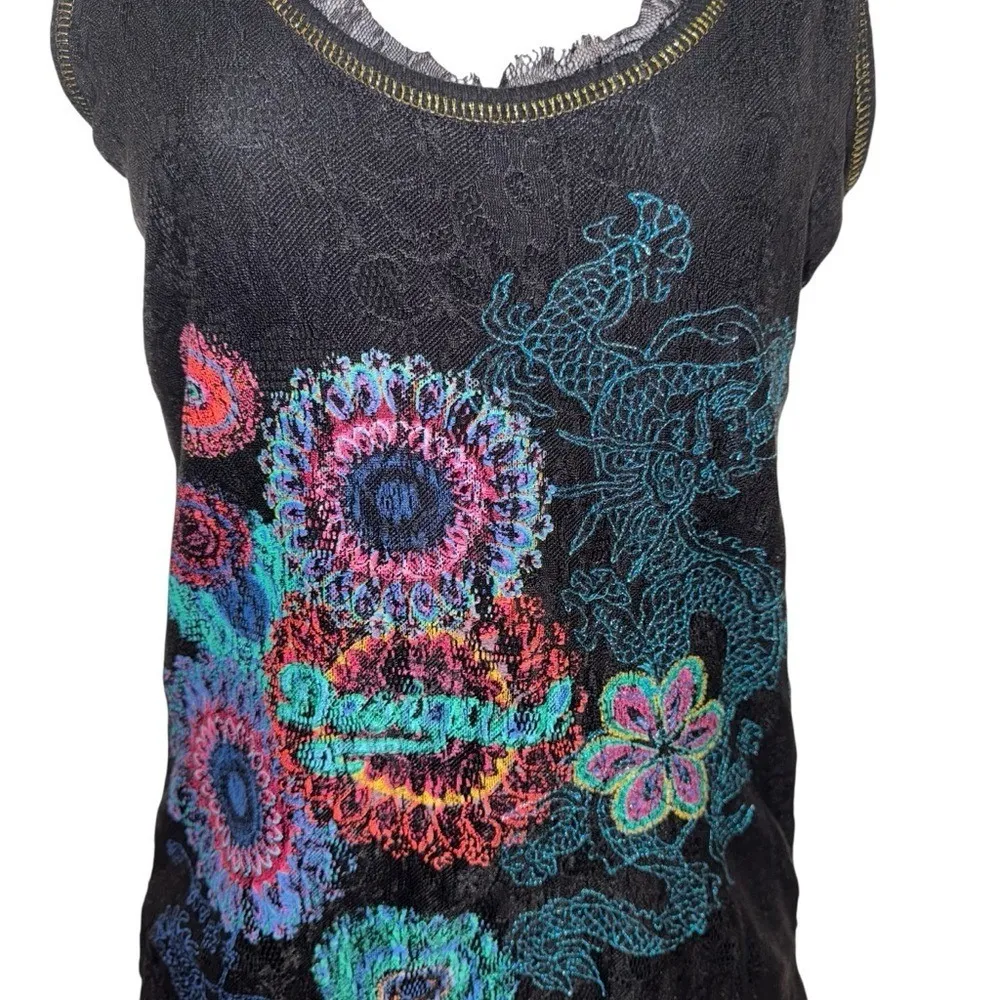 DESIGUAL Sleeveless Black Lace Dragon & Floral Print Gold Stitched Top EUC‎ M - Image 5