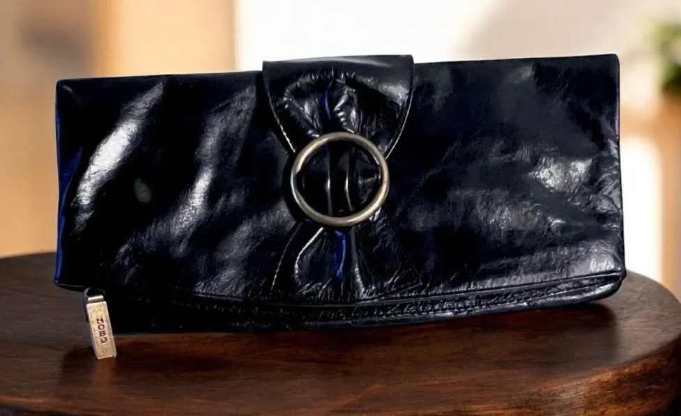 HOBO International Leather Fold Over Clutch Bow Accent Magnetic Close Black 11x5 - Image 1