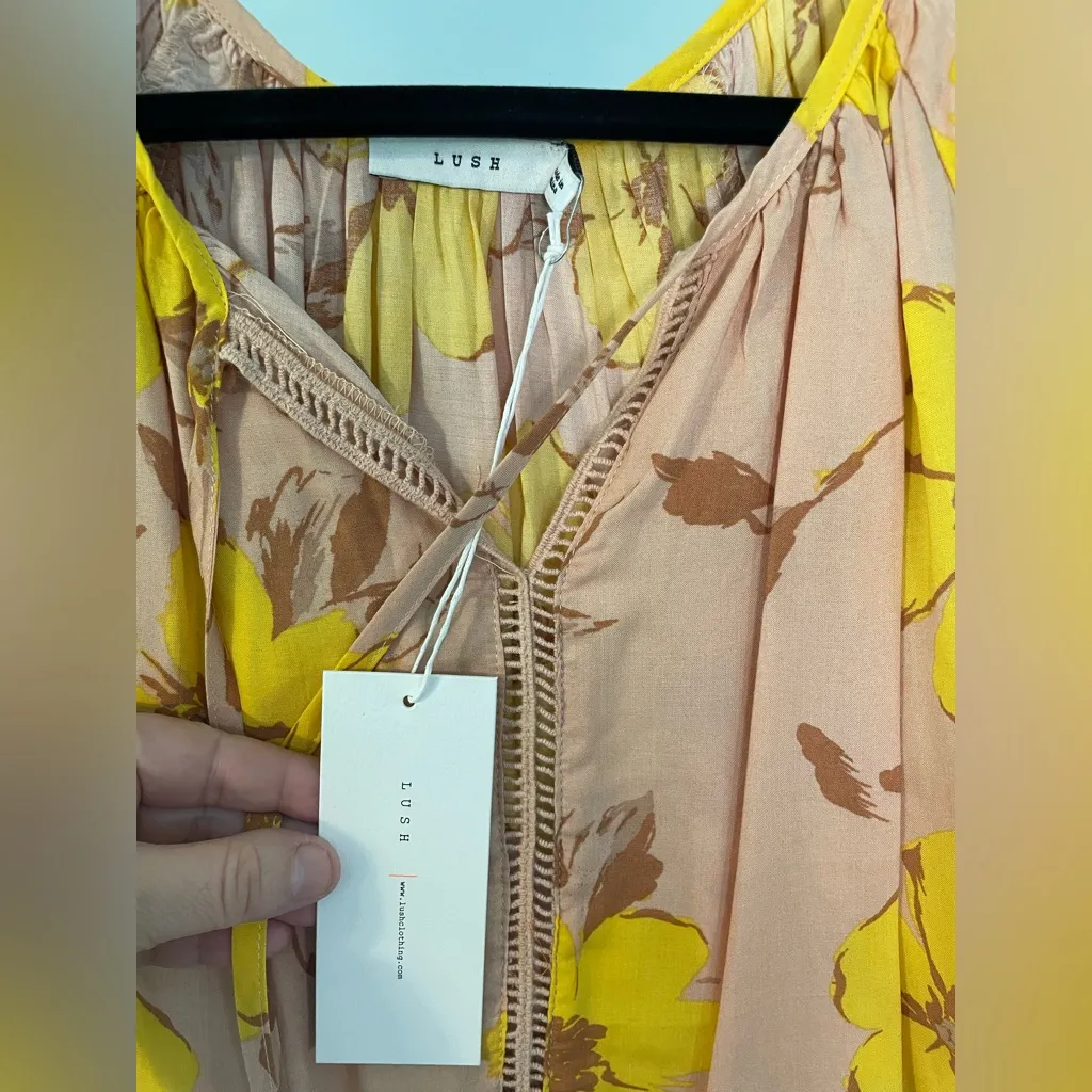 LUSH Floral Print V Neck Tie Blouse Yellow Pink Short Sleeve Casual Top S Cotton - Image 6