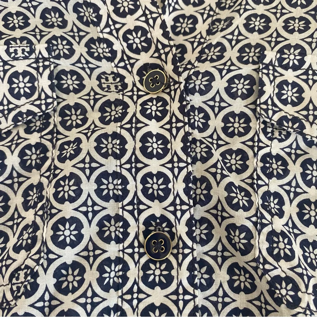 Tory Burch Blouse Top Blue White Square Signature T Cotton Shirt‎ Size 4 - Image 9