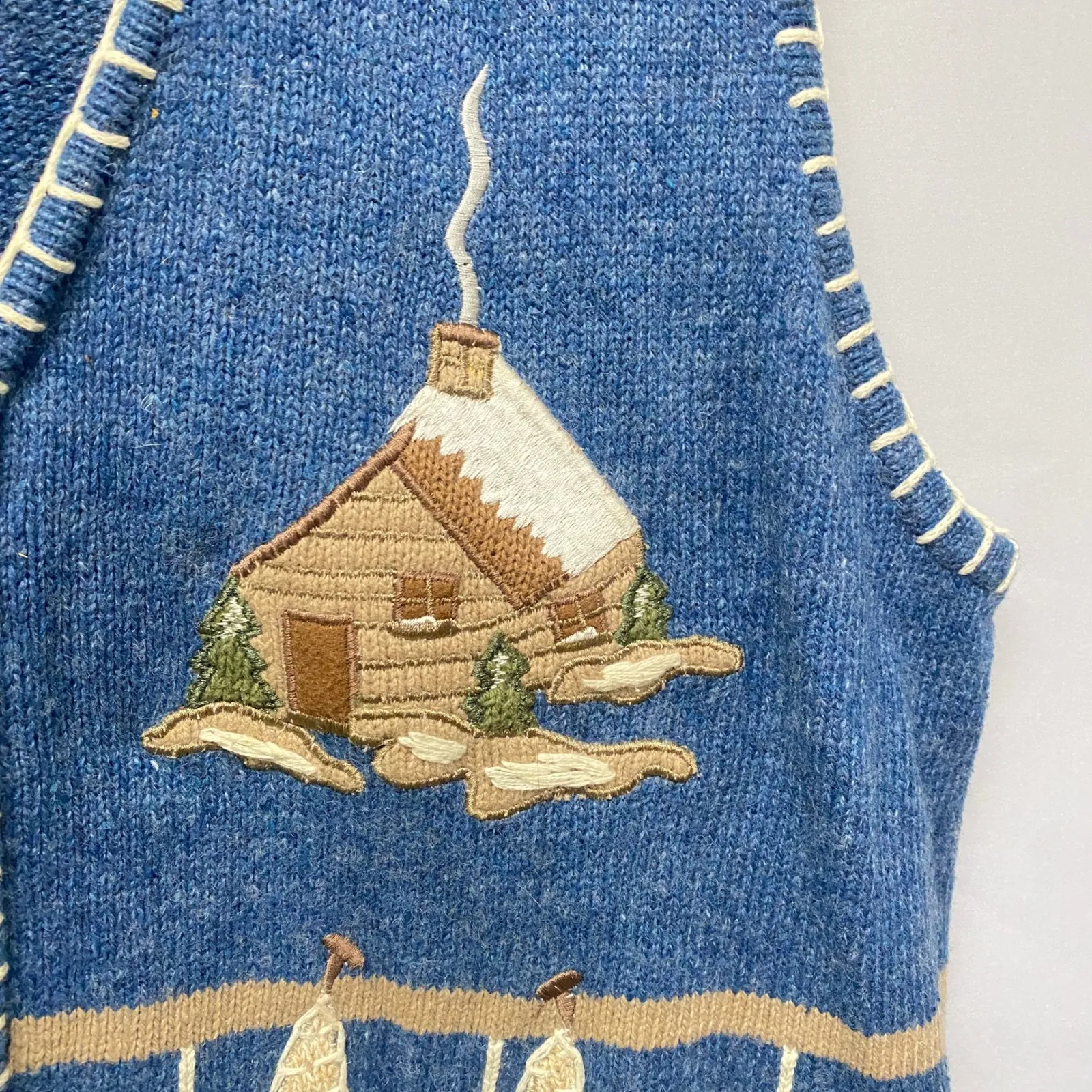 Longaberger Homestead Vintage 90s Holiday Knit Vest 1X Blue Winter Cabin Scene - Image 7