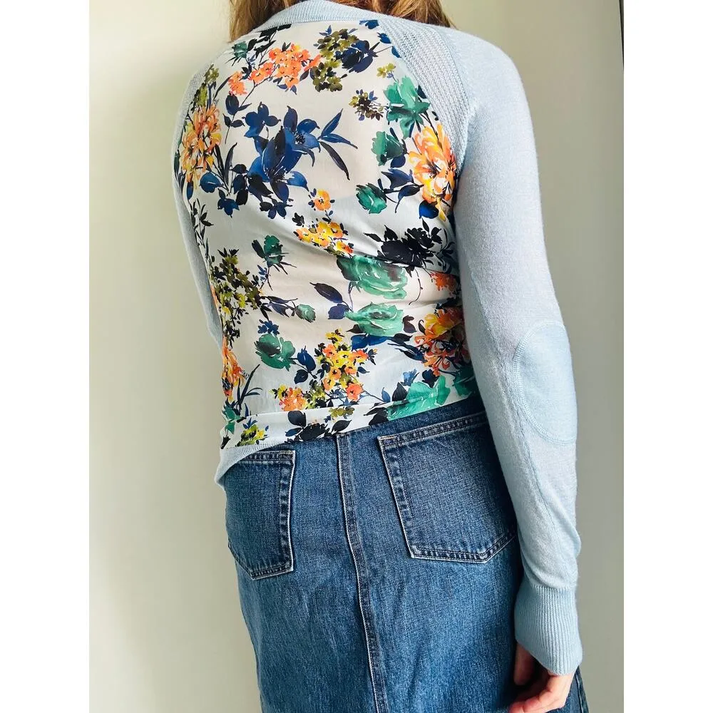 Sachi +Babi Wool Sweater Top Sheer Floral Print Blue Size 4 Quiet Luxury - Image 9